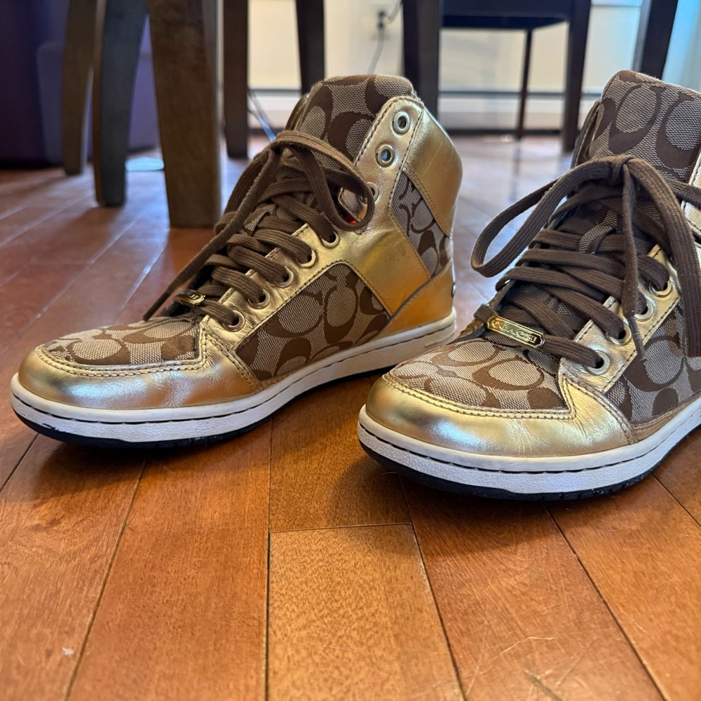 Coach Metallic Gold and Brown High-Top Sneakers - Picture 3 of 16
